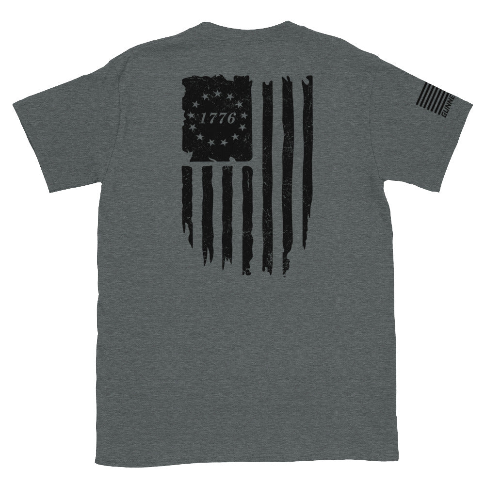 Distressed Vertical Black 1776 Flag Shirt (BACK)