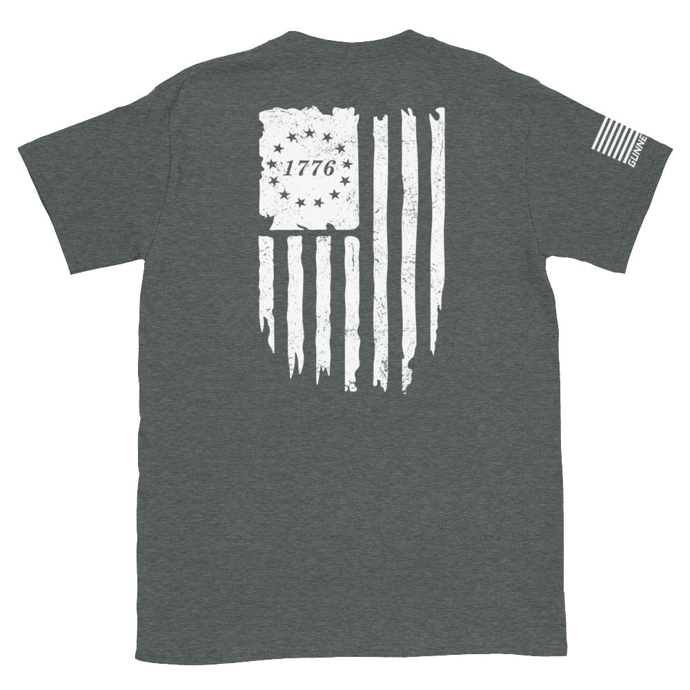 White Distressed Vertical 1776 Flag Shirt (BACK)