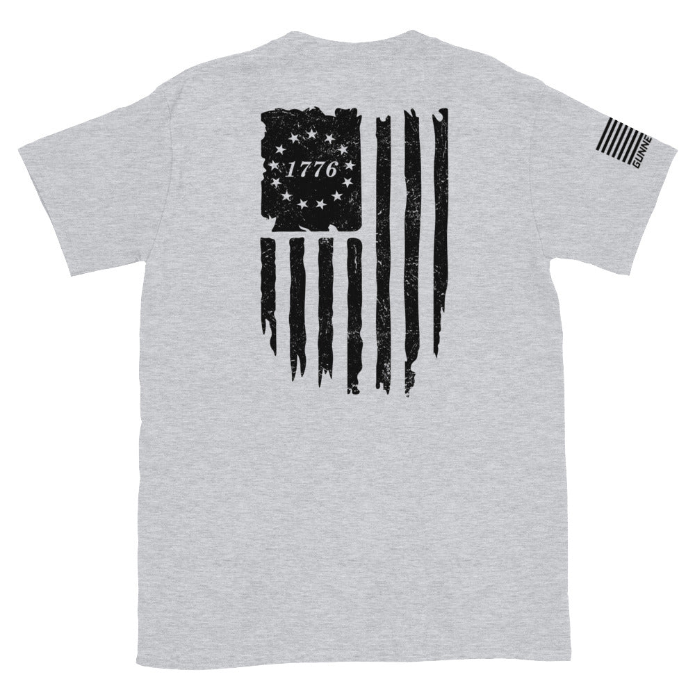 Distressed Vertical Black 1776 Flag Shirt (BACK)