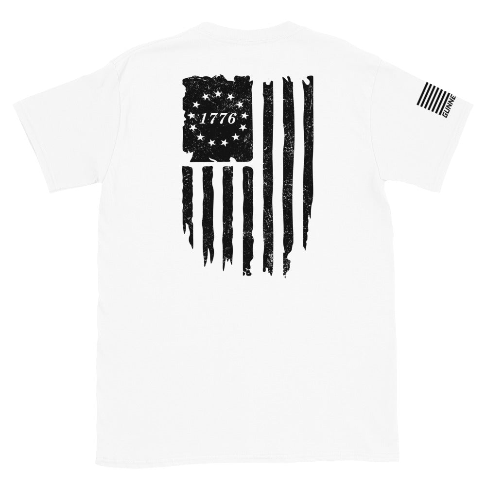 Distressed Vertical Black 1776 Flag Shirt (BACK)